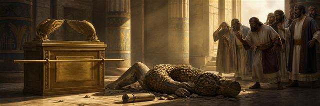 The ark standing in Dagon’s temple while the fallen idol alarms Philistine priests
